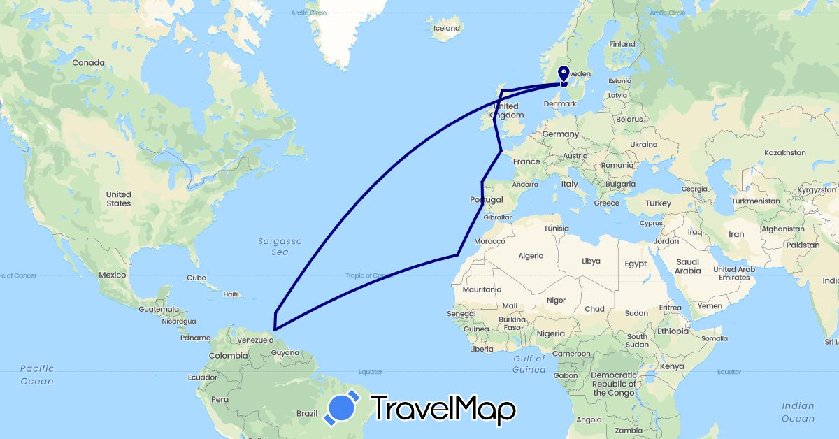 TravelMap itinerary: driving in Spain, France, United Kingdom, Ireland, Portugal, Sweden, Trinidad and Tobago (Europe, North America)